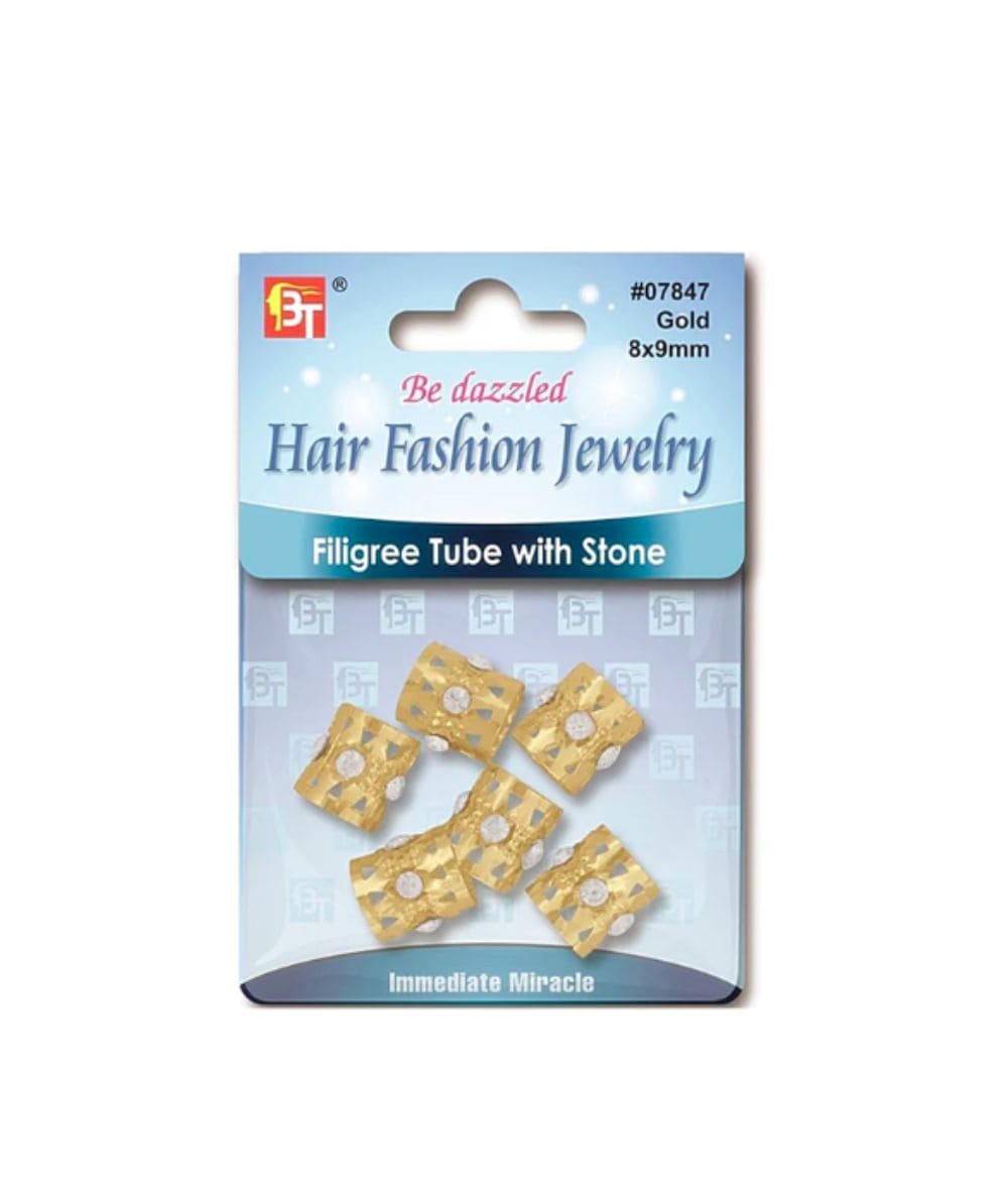 Beauty Town Filigree Tube Gold With Stone 8X9mm 6Pcs #07847, Hair Tools - Cloré Beauty