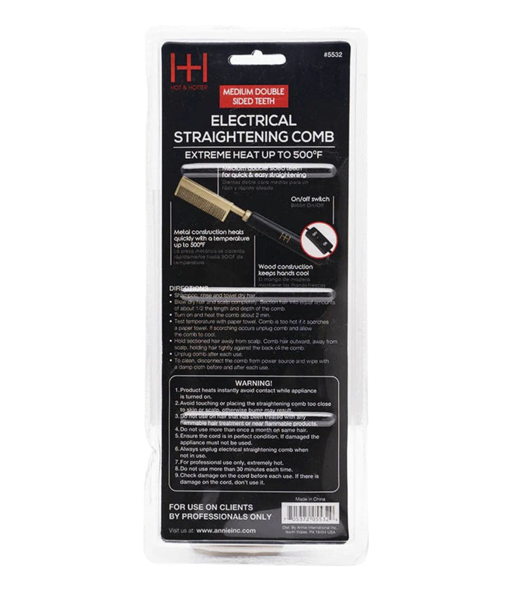 Annie Hot & Hotter Electrical Straightening Comb #5532 [Medium Double Sided Teeth]