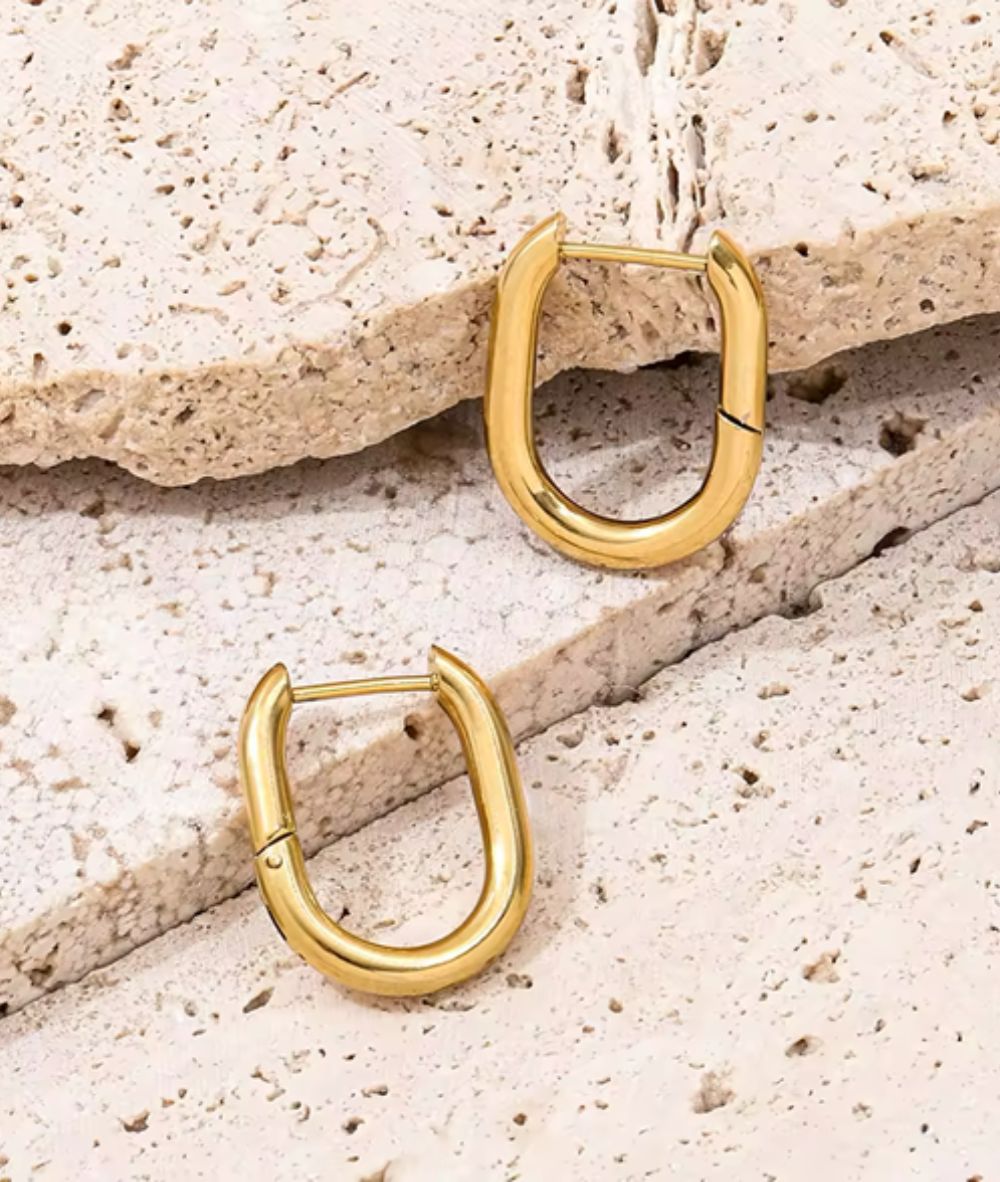 Nude Rose Stainless Steel 18K Gold Thick Round Rectangle Earring #E-196, ACCESSORIES JEWELRY FASHION - Cloré Beauty