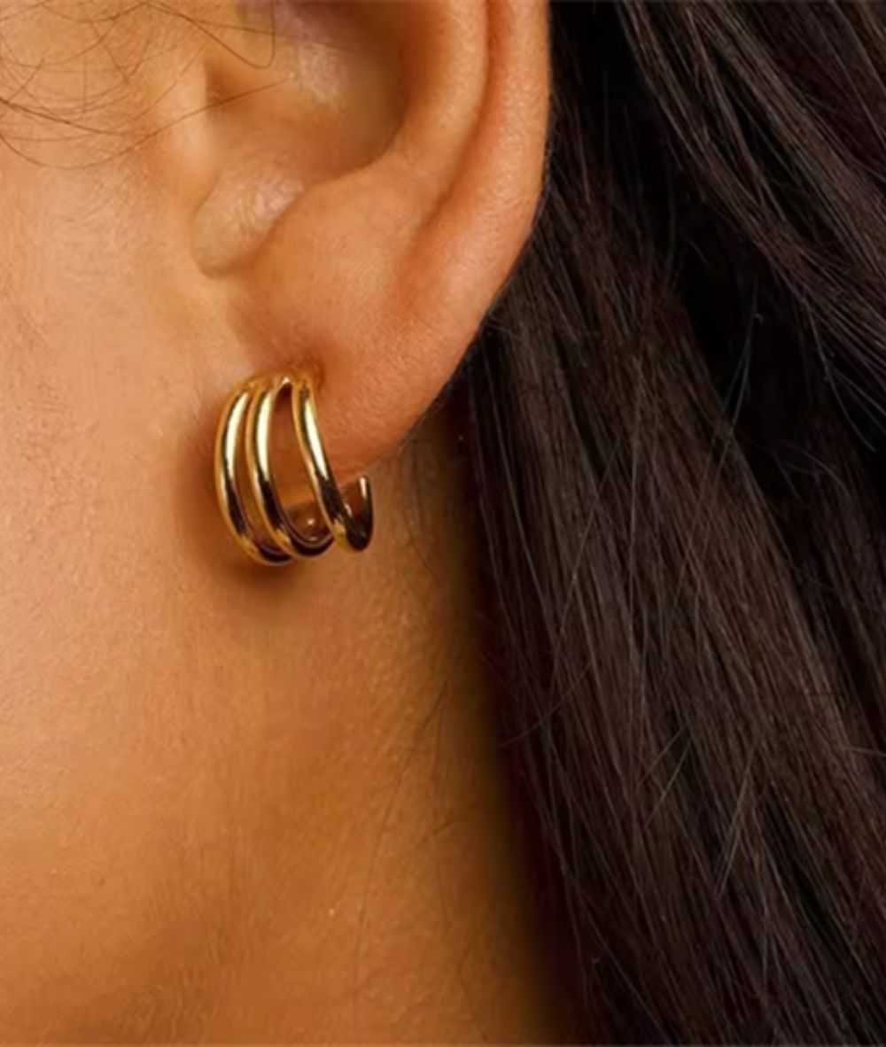 Nude Rose Stainless Steel 18K Gold Small Triple Circle Earring #E-199