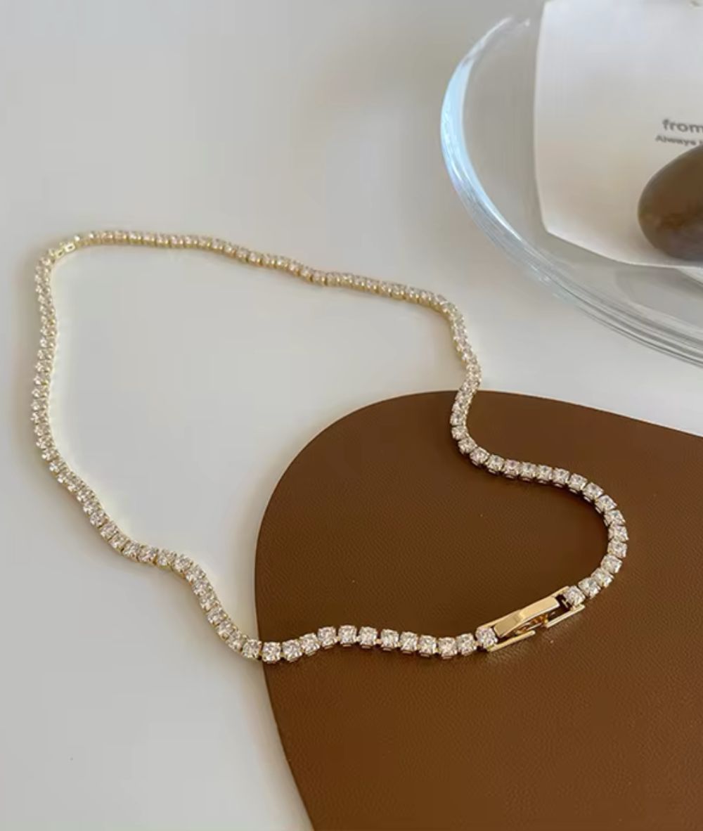 Nude Rose 18K Gold Plated Linked Stone Thin Square Crystal Necklace #N-034, ACCESSORIES JEWELRY FASHION - Cloré Beauty