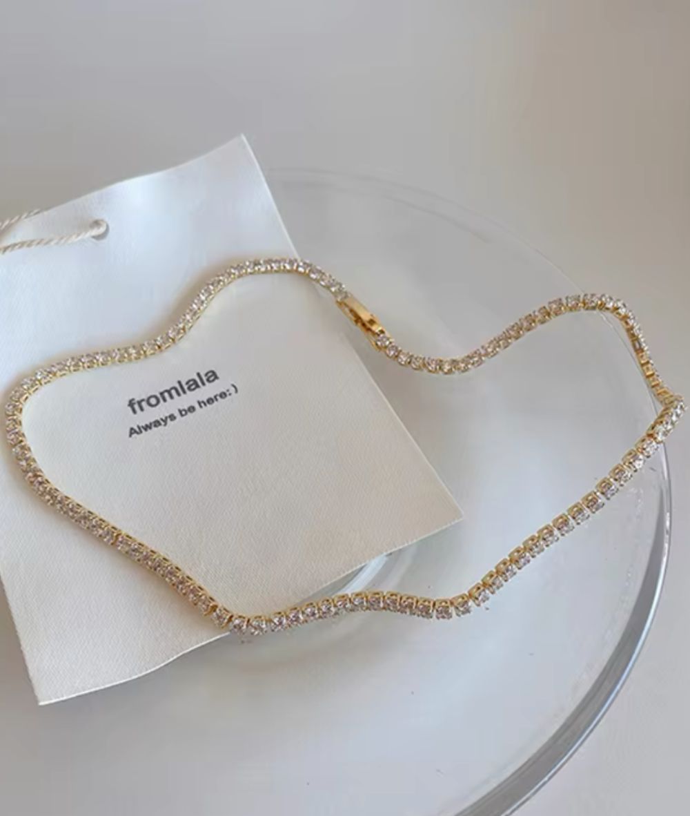 Nude Rose 18K Gold Plated Linked Stone Thin Square Crystal Necklace #N-034, ACCESSORIES JEWELRY FASHION - Cloré Beauty