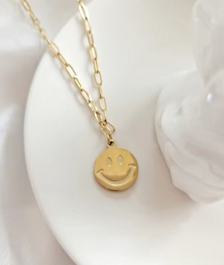 Nude Rose Stainless Steel 18K Gold Smiley Face Pendant Necklace #N-041