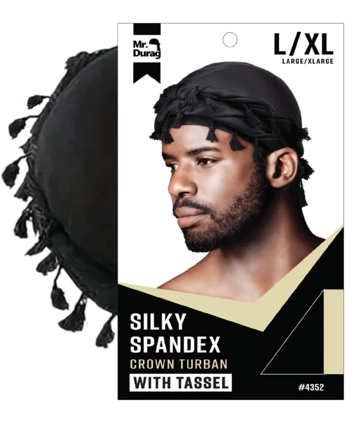 Annie Mr.Durag Silky Spandex Crown Turban With Tassel L/XL [Black] #4352