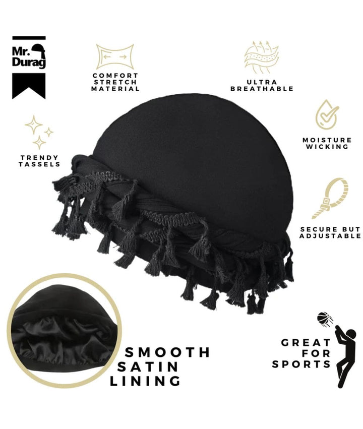 Annie Mr.Durag Silky Spandex Crown Turban With Tassel L/XL [Black] #4352