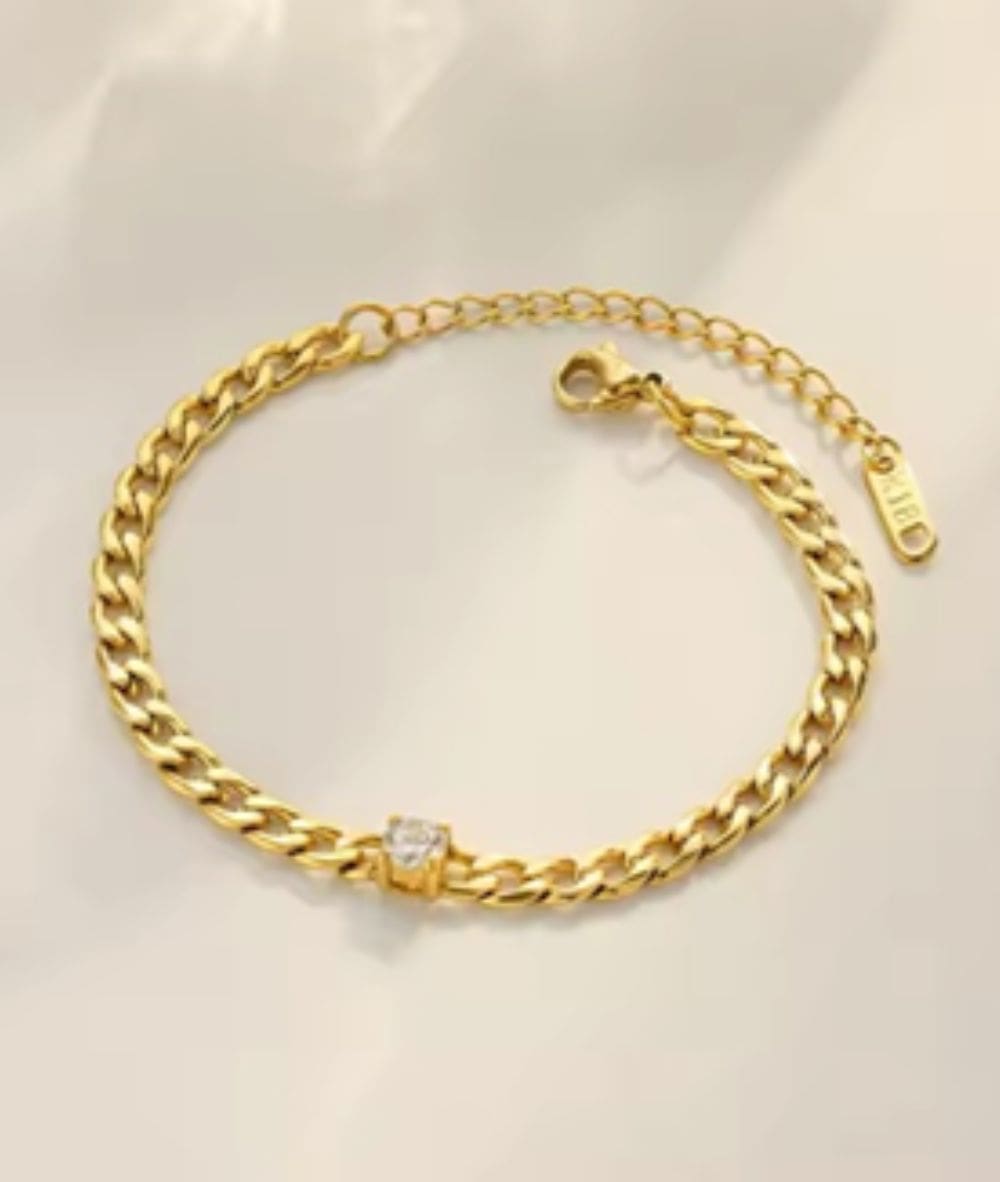 Nude Rose Stainless Steel 18K Gold Tear Drop Zirconia Figaro Ch Bracelet #B-047