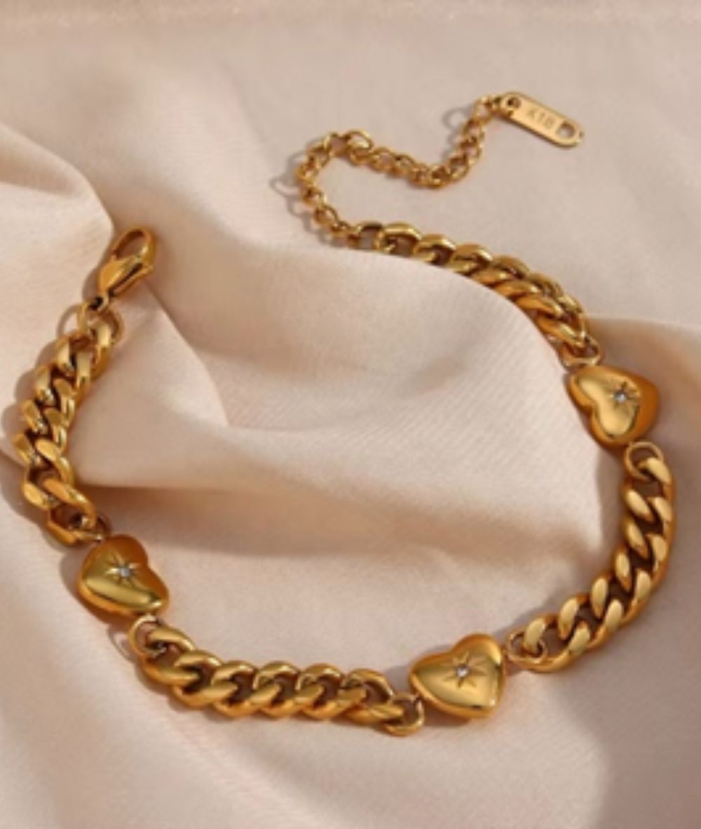 Nude Rose Stainless Steel 18K Gold/P Cuban Link Chain Bracelet [Heart] #B-050, ACCESSORIES JEWELRY FASHION - Cloré Beauty