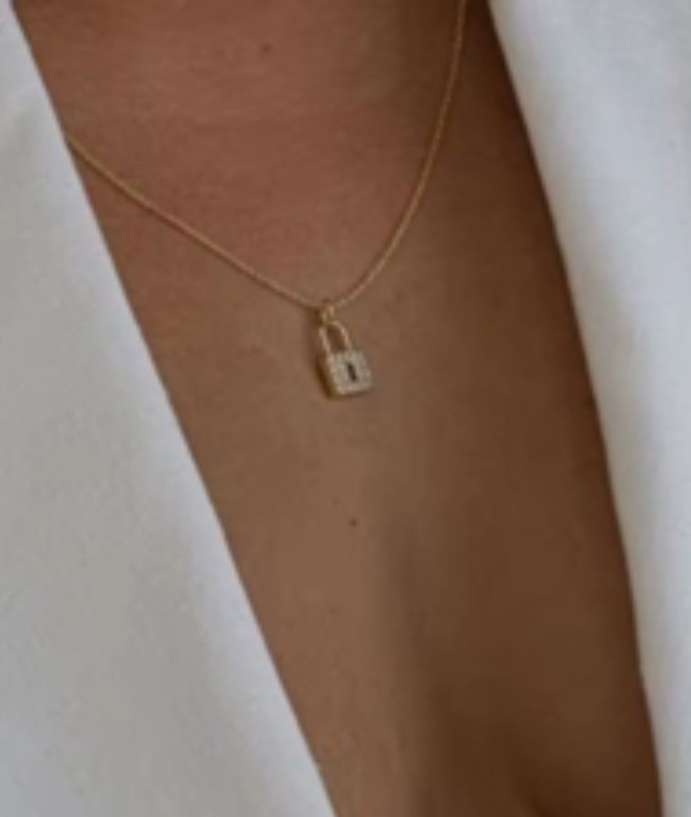 Nude Rose Stainless Steel 18K Gold Plated Zircon Lock Pendant Necklace #N-072, Accessory - Cloré Beauty