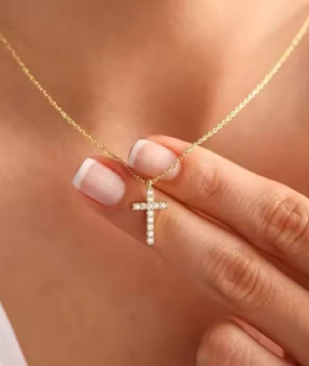 Nude Rose Stainless Steel 18K Gold Plated Cross Pendant Chain Necklace #N-075