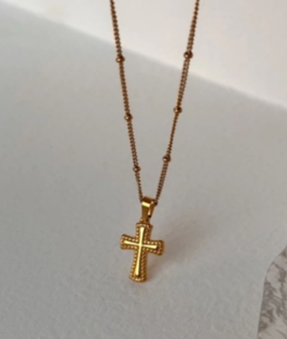 Nude Rose Stainless Steel 18K Gold Plated  Vintage Cross Bead Chain Necklace #N-078, ACCESSORIES JEWELRY FASHION - Cloré Beauty