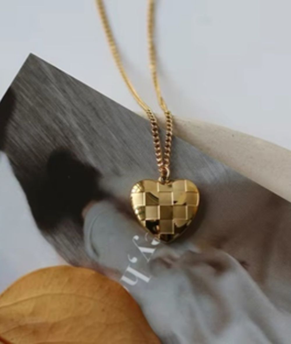 Nude Rose Stainless Steel 18K Gold/P Heart Check Board Pendant Necklace #N-094, ACCESSORIES JEWELRY FASHION - Cloré Beauty