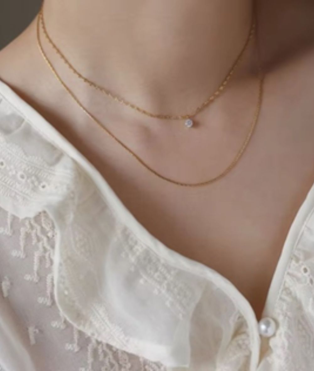 Nude Rose Stainless Steel 18K Gold Plated Double-Layer Cubic Necklace #N-108, ACCESSORIES JEWELRY FASHION - Cloré Beauty