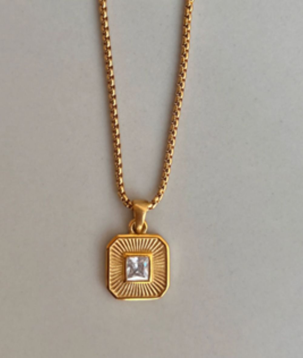 Nude Rose Stainless Steel 18K Gold/P Wht Zircon Square Pendant Necklace #N-117, ACCESSORIES JEWELRY FASHION - Cloré Beauty