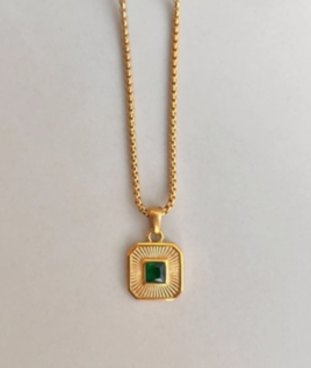 Nude Rose Stainless Steel 18K Gold/P Gn Zircon Square Pendant Necklace #N-118