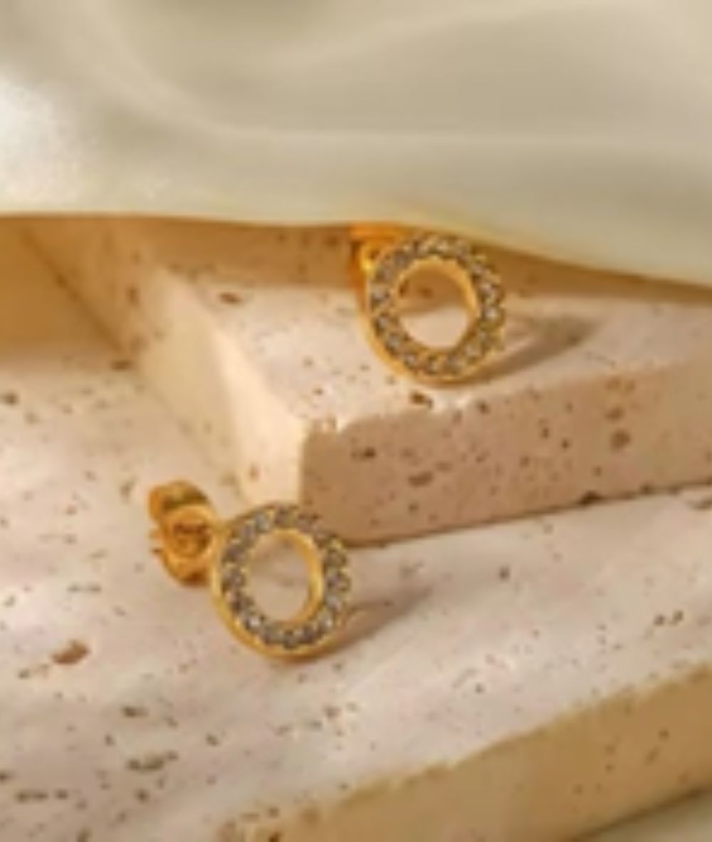 Nude Rose Stainless Steel 18K Gold Plated Small Round Zircon Studs Earrings #E-353, Accessory - Cloré Beauty