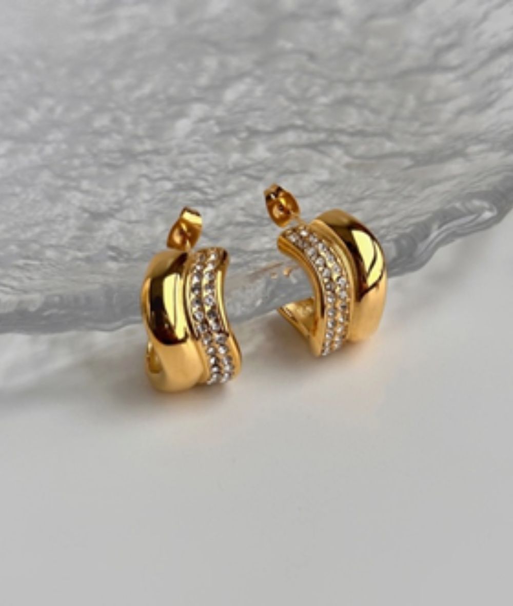 Nude Rose Stainless Steel 18K Gold Plated Half Zircon Chunky Earrings #E-418