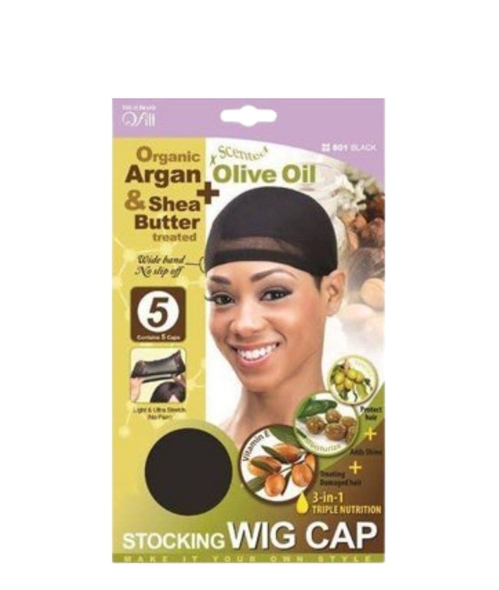 M&M Qfitt Argan & Shea Butter+Olive Oil Stocking Wig Cap 5 PCS #801 [Black], ACCESSORIES JEWELRY FASHION - Cloré Beauty