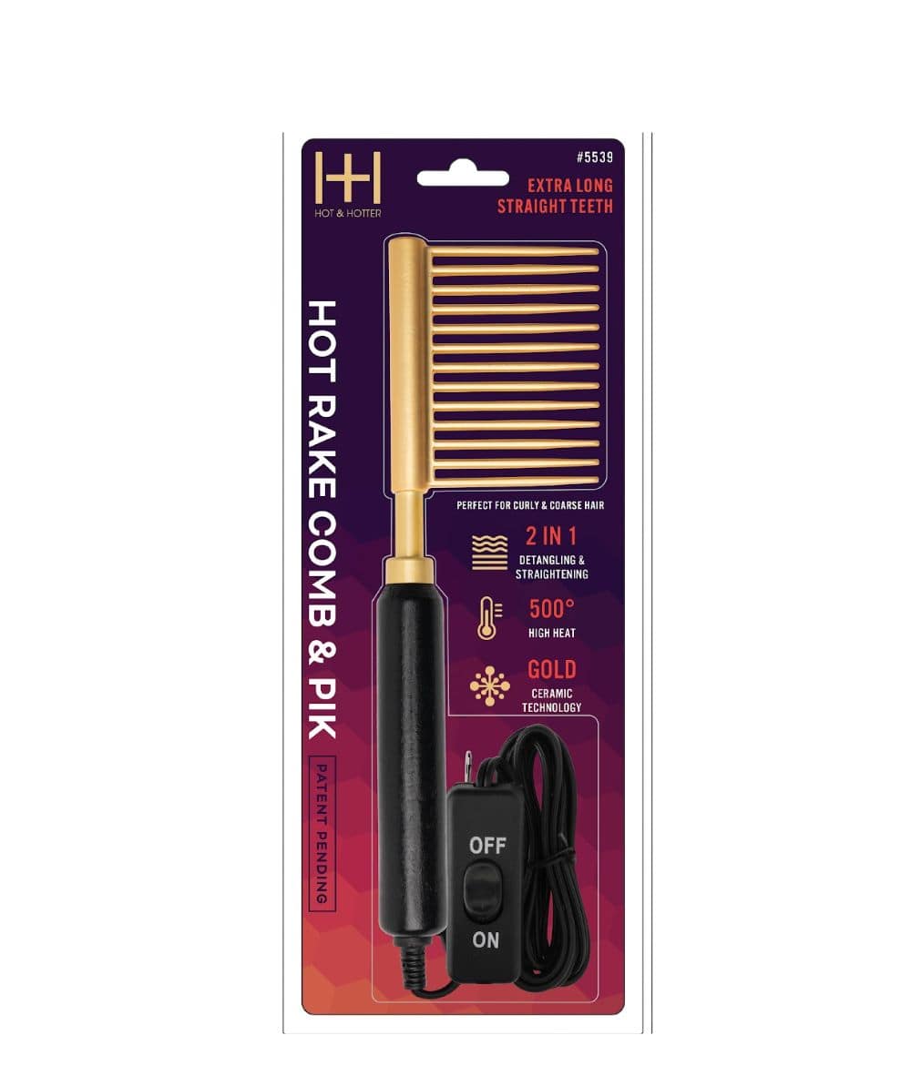 Hot & Hotter Ceramic Hot Rake Comb&Pik Black&Gold #5539, HAIR STYLING TOOLS - Cloré Beauty
